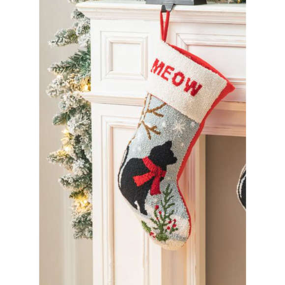Black Cat Christmas Stocking Oversize Handmade Hooked Yarn Glitzhome 19" - Picture 1 of 5